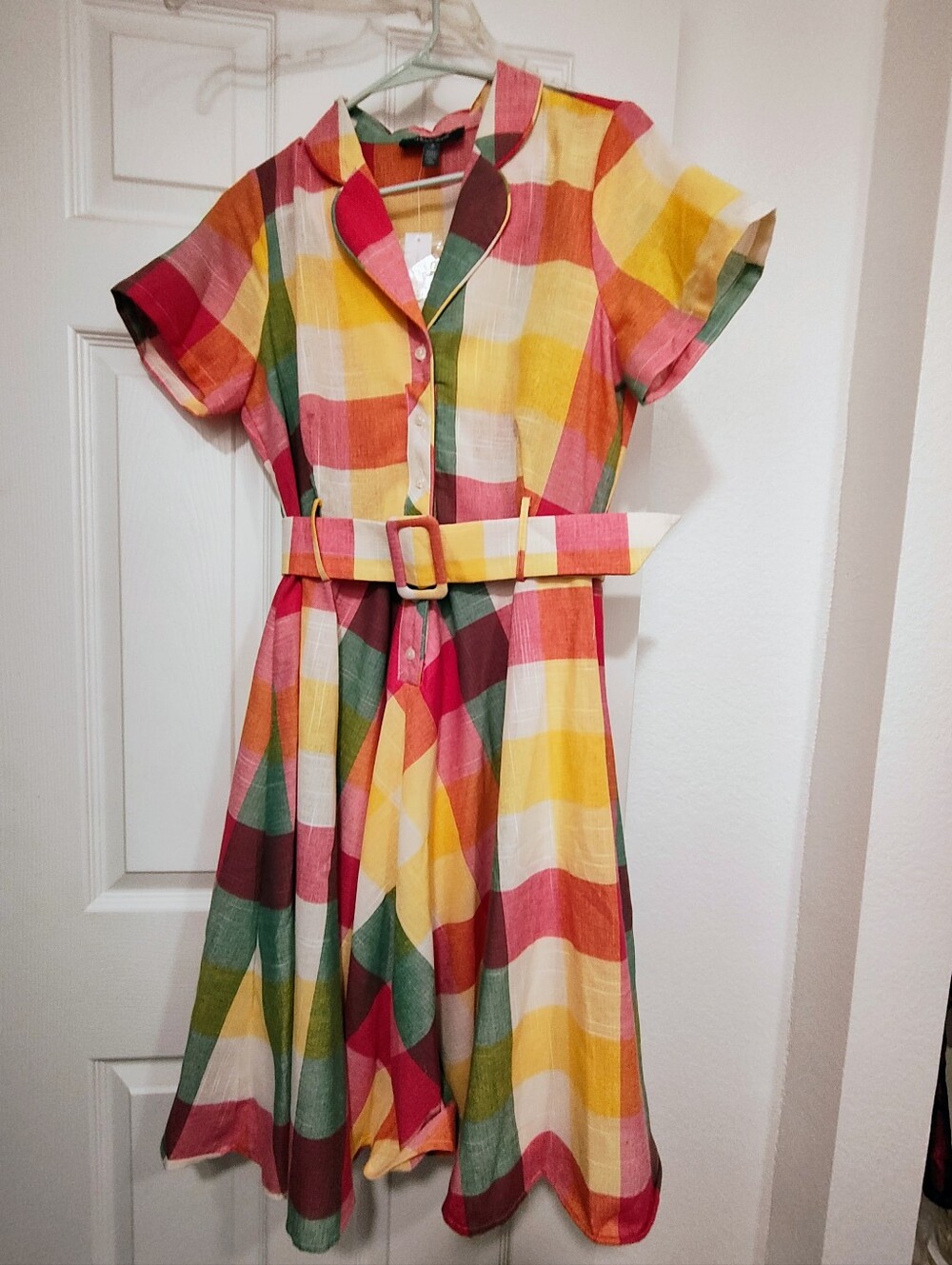 ModCloth Multicolor Plaid Shirtdress in Pink, Yellow & Green